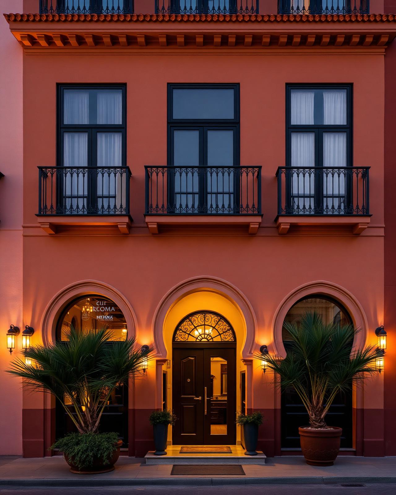 Night-time façade of Hotel Chams in Tetouan